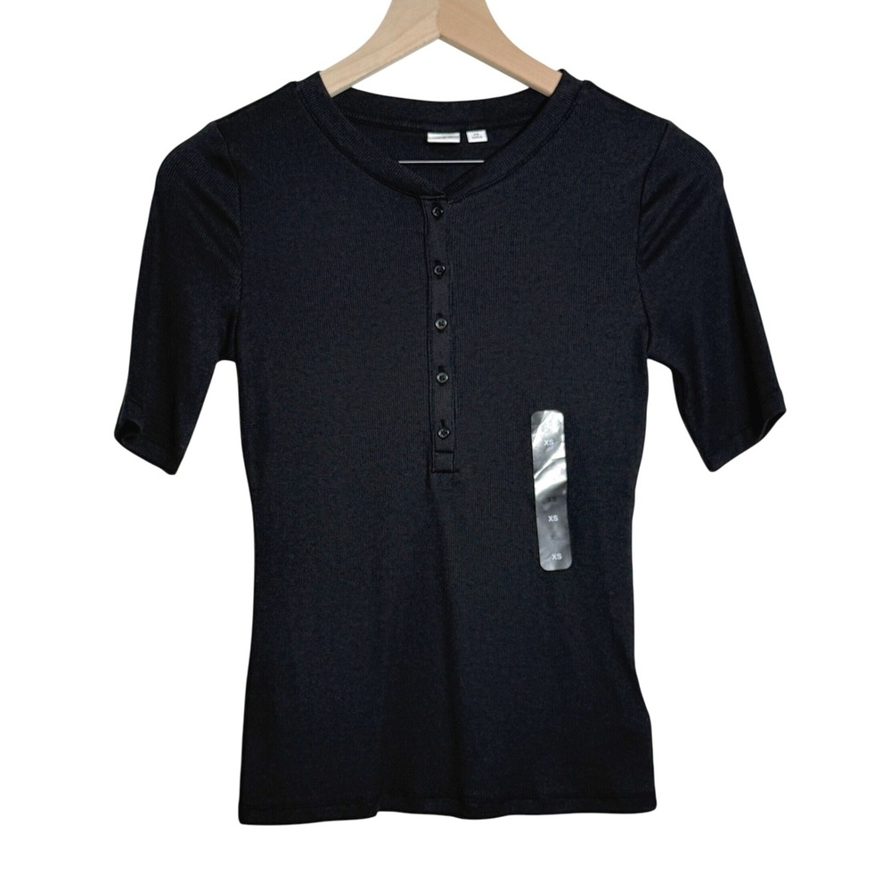 GAP Womens Cotton Henley Shirt XS Blue‎ Ribbed Stretch Essentials Basics Casual